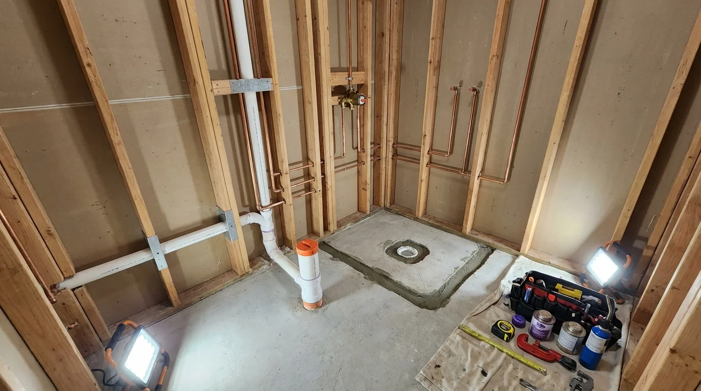 Bathroom rough-in plumbing during remodel by Johns Plumbing LLC in Wickenburg