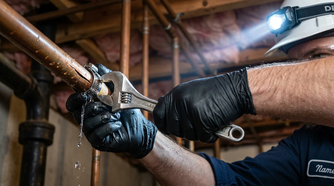 Emergency pipe clamp repair being performed by a Johns Plumbing LLC plumber in Wickenburg