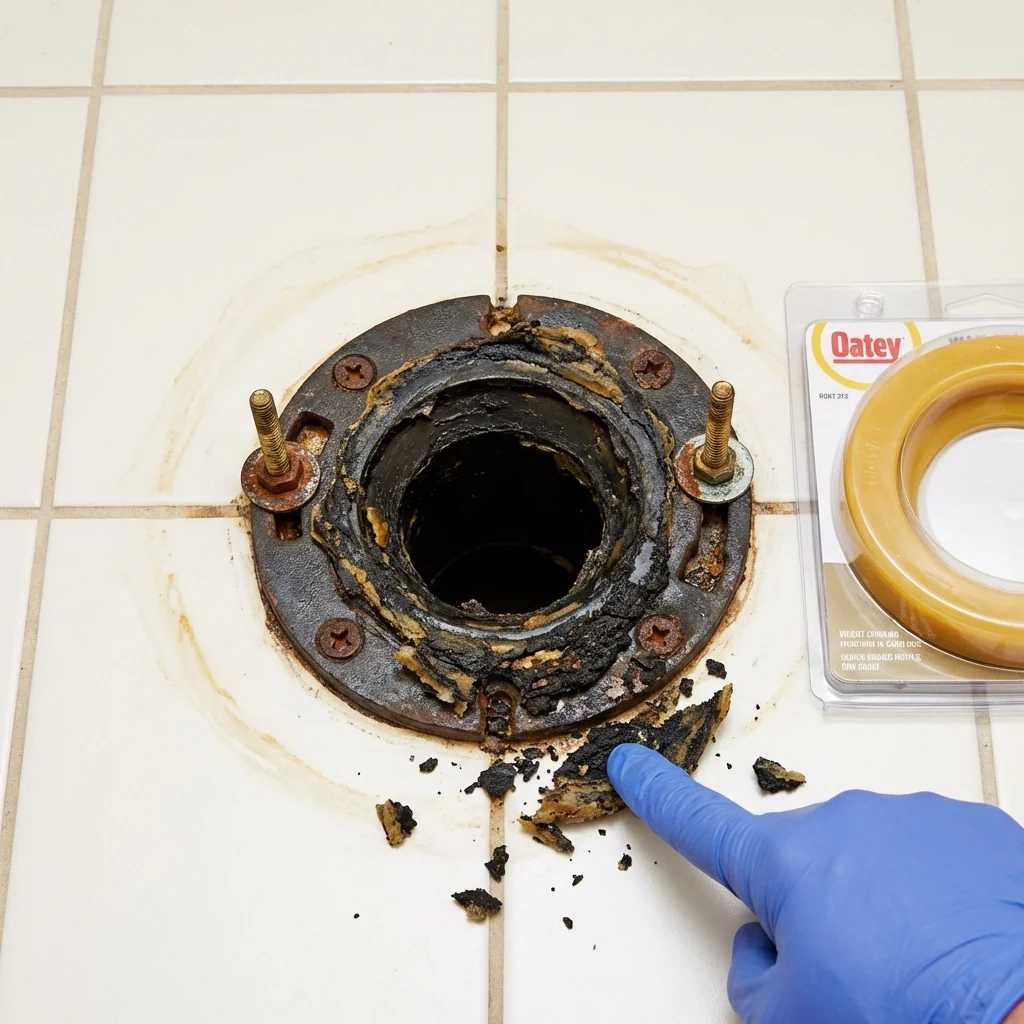 Failed wax ring showing water seepage at the base of a toilet in a Wickenburg, AZ home