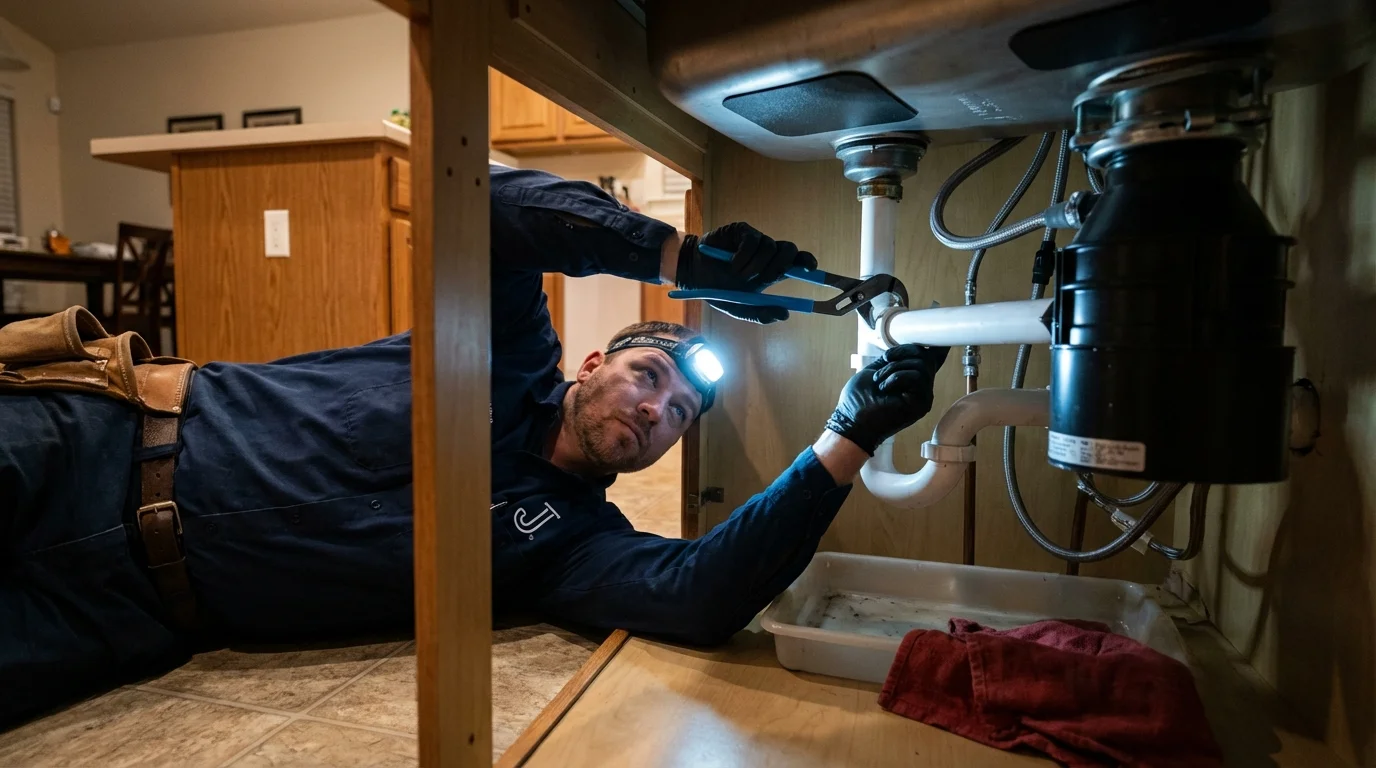 P-trap and supply line connections under a kitchen sink showing a common leak point in Wickenburg, AZ